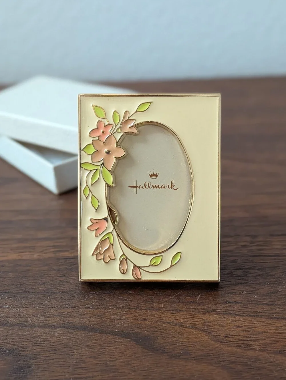 Vintage Hallmark Brass andEnamel Mini Picture Frame Floral Small 2.25x2.75